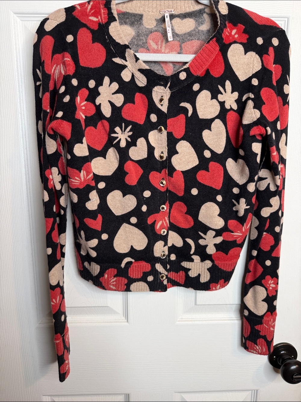Free People Black Cardigan with Red and Cream Heart Print